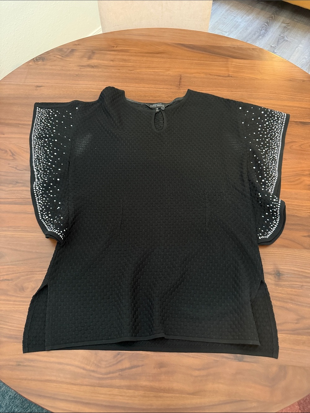 Ming Wang Black Textured Top with Sparkle-Embellished Sleeves
